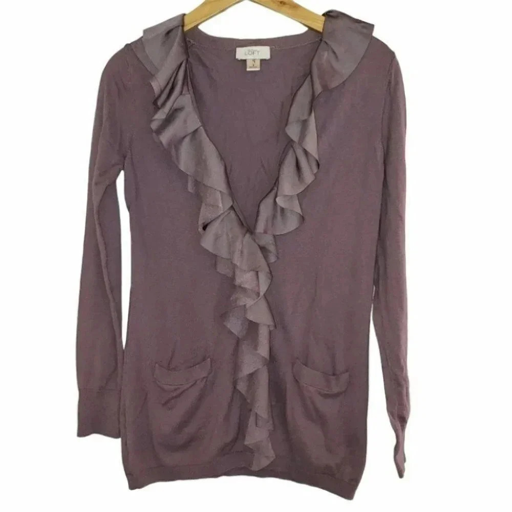 Ann Taylor Loft S purple ruffled Cardigan
